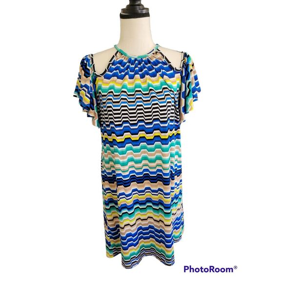 Trina Turk Sz S Abstract Polyester Cold Shoulder Halter Sun Dress - Picture 1 of 6
